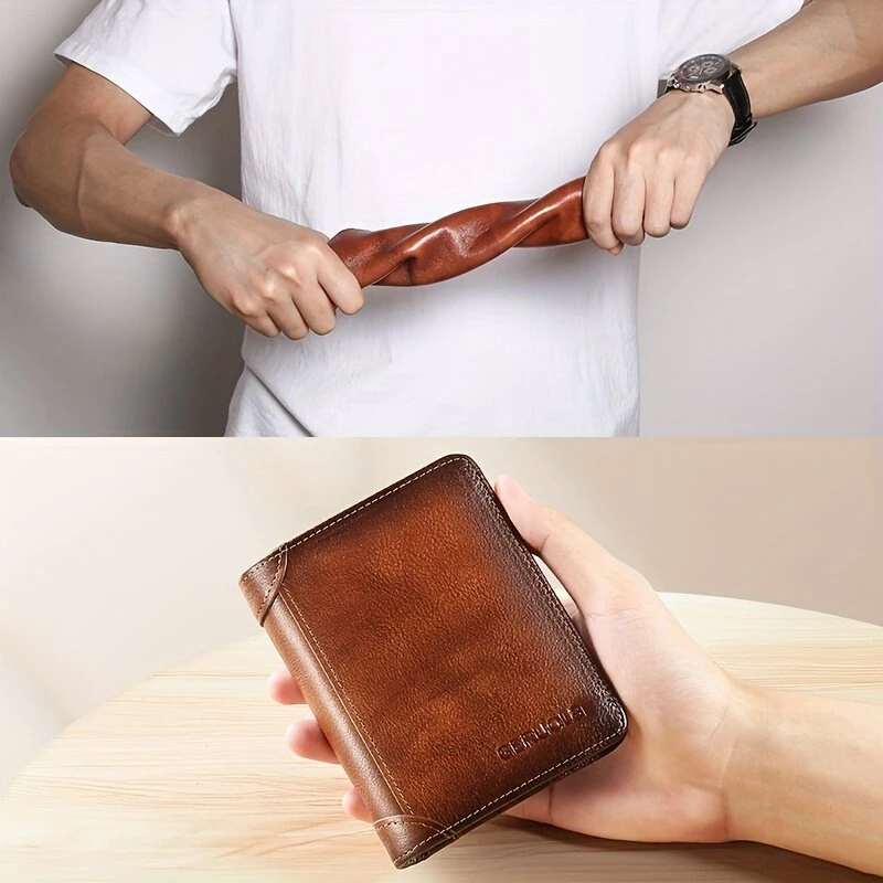 (image for) Ekphero Men's Wallet Genuine Leather RFID Blocking Short Wallet Vintage Thin Multi Function ID Credit Card Holder Flip-flop Male Money Purse